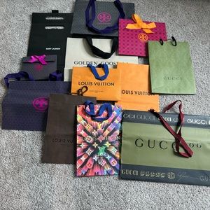 Louis Vuitton, Gucci, Golden Goose, YSL, Tory Burch shopping bags, all in EUC